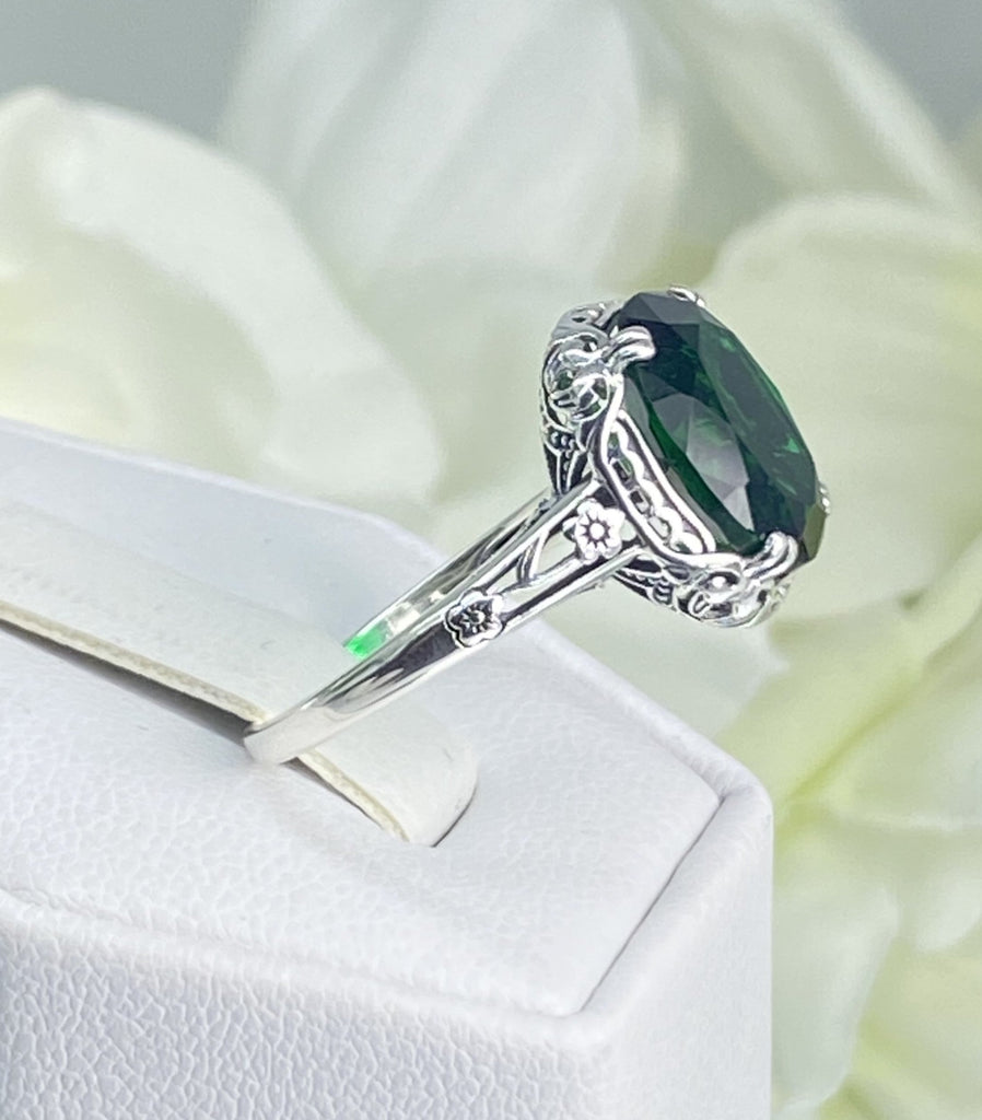 Emerald Ring, Edwardian Jewelry, Floral Filigree, sterling silver jewelry, D70z, 10mmx12mm gem, Silver Embrace jewelry