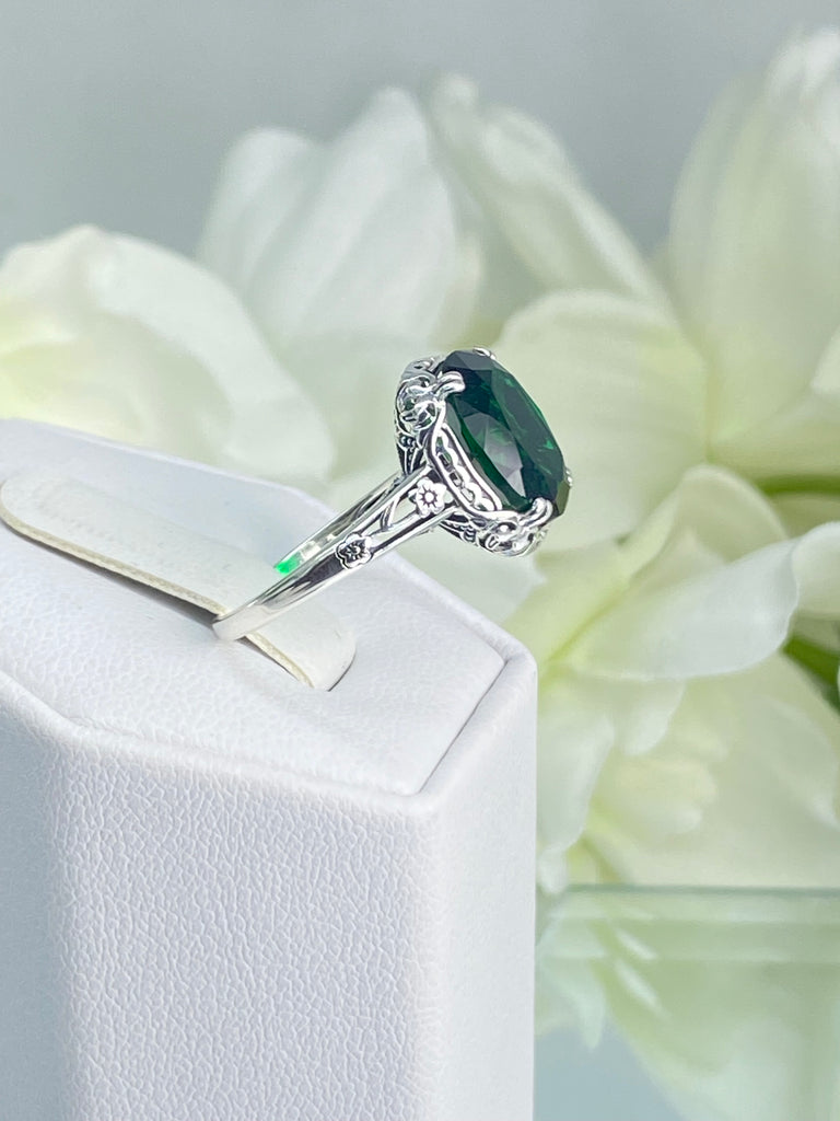 Emerald Ring, Edwardian Jewelry, Floral Filigree, sterling silver jewelry, D70z, 10mmx12mm gem, Silver Embrace jewelry