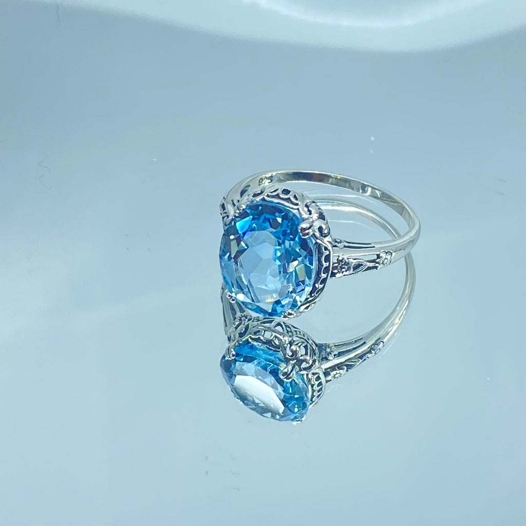 Natural Sky Blue Topaz Ring, 4.5 carat oval faceted stone, sterling Silver floral filigree, Edward design #D70z, 