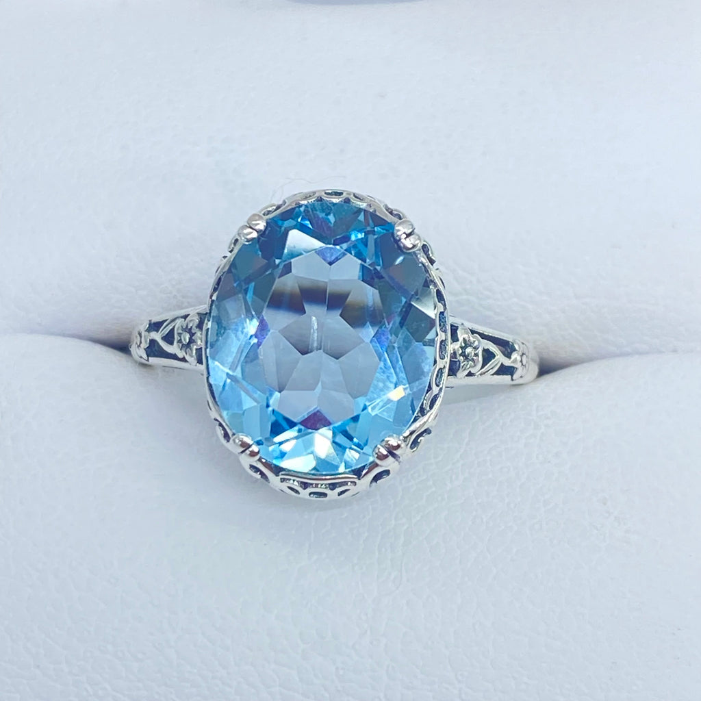 Natural Sky Blue Topaz Ring, 4.5 carat oval faceted stone, sterling Silver floral filigree, Edward design #D70z, top, offset and side views