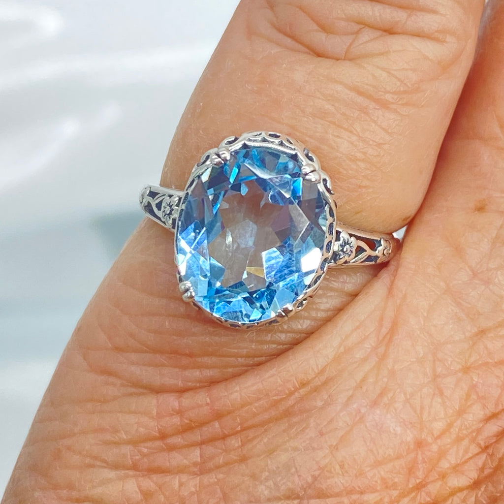 Natural Sky Blue Topaz Ring, 4.5 carat oval faceted stone, sterling Silver floral filigree, Edward design #D70z, 