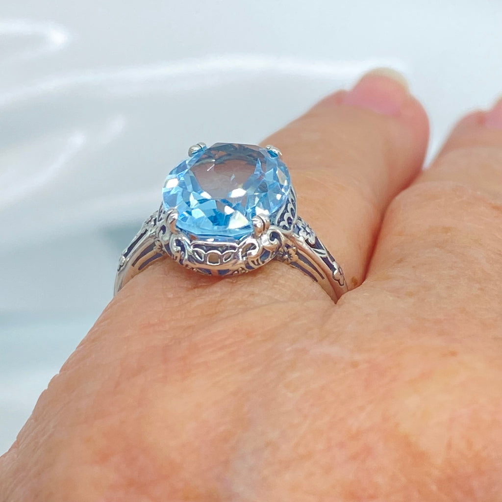 Natural Sky Blue Topaz Ring, 4.5 carat oval faceted stone, sterling Silver floral filigree, Edward design #D70z, 