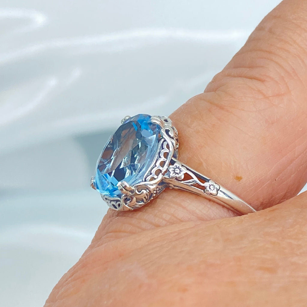 Natural Sky Blue Topaz Ring, 4.5 carat oval faceted stone, sterling Silver floral filigree, Edward design #D70z, 