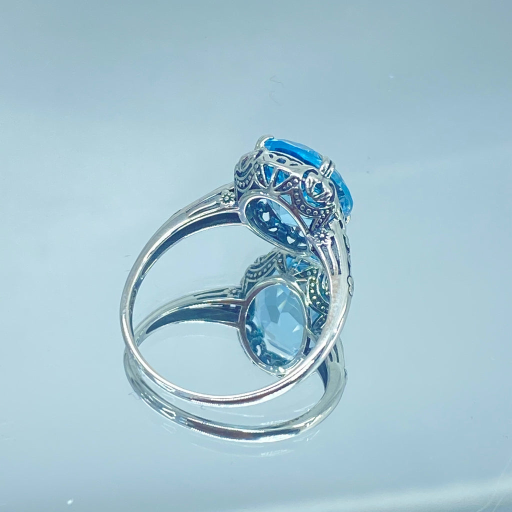 Natural Sky Blue Topaz Ring, 4.5 carat oval faceted stone, sterling Silver floral filigree, Edward design #D70z, 