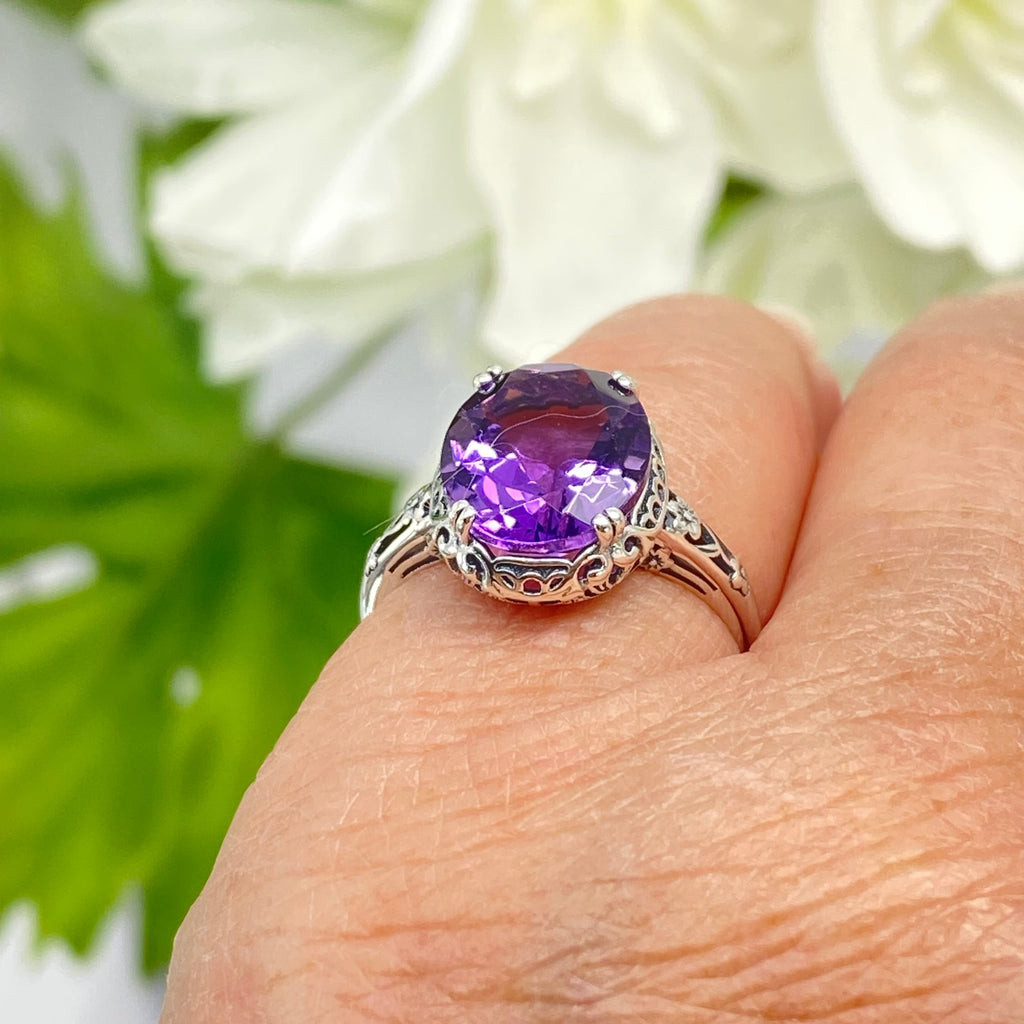 Natural Amethyst Ring, Edwardian Sterling silver filigree, Victorian Jewelry, Silver Embrace Jewelry, D70z