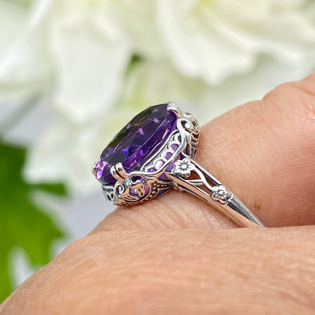 Natural Amethyst Ring, Edwardian Sterling silver filigree, Victorian Jewelry, Silver Embrace Jewelry, D70z