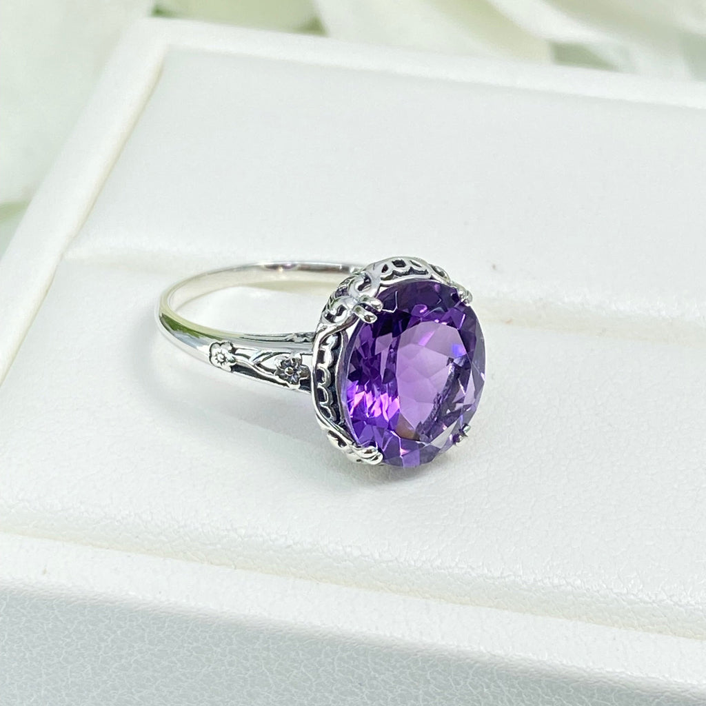 Natural Amethyst Ring, Edwardian Sterling silver filigree, Victorian Jewelry, Silver Embrace Jewelry, D70z