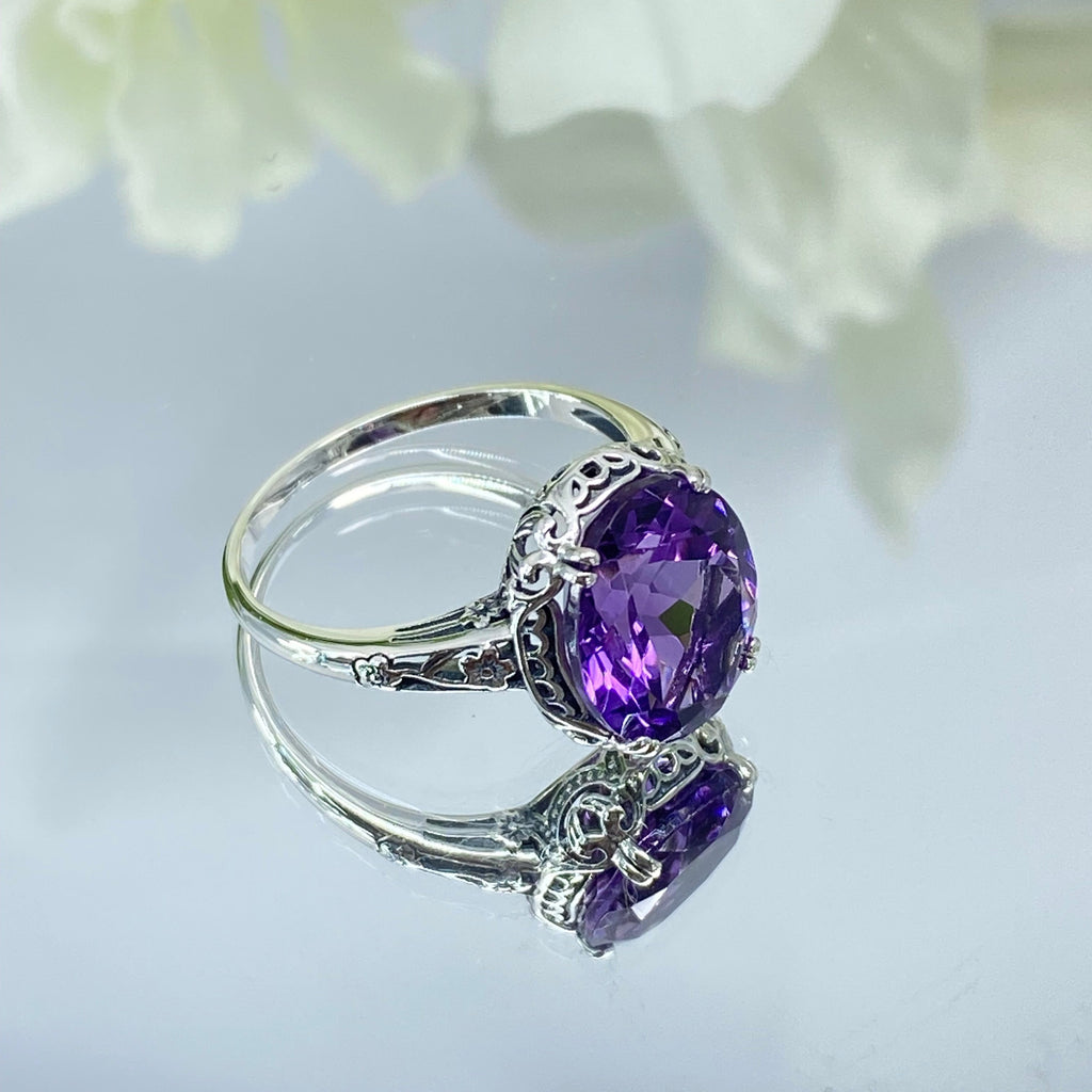 Natural Amethyst Ring, Edwardian Sterling silver filigree, Victorian Jewelry, Silver Embrace Jewelry, D70z