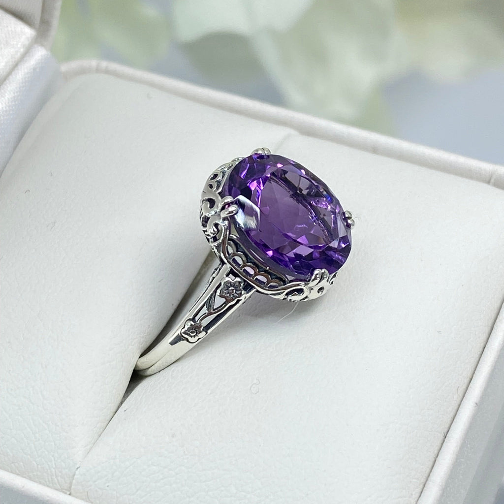 Natural Amethyst Ring, Edwardian Sterling silver filigree, Victorian Jewelry, Silver Embrace Jewelry, D70z