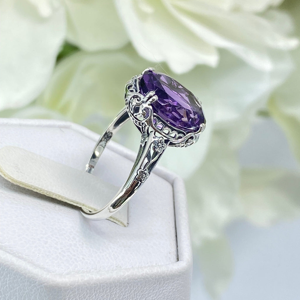 Natural Amethyst Ring, Edwardian Sterling silver filigree, Victorian Jewelry, Silver Embrace Jewelry, D70z