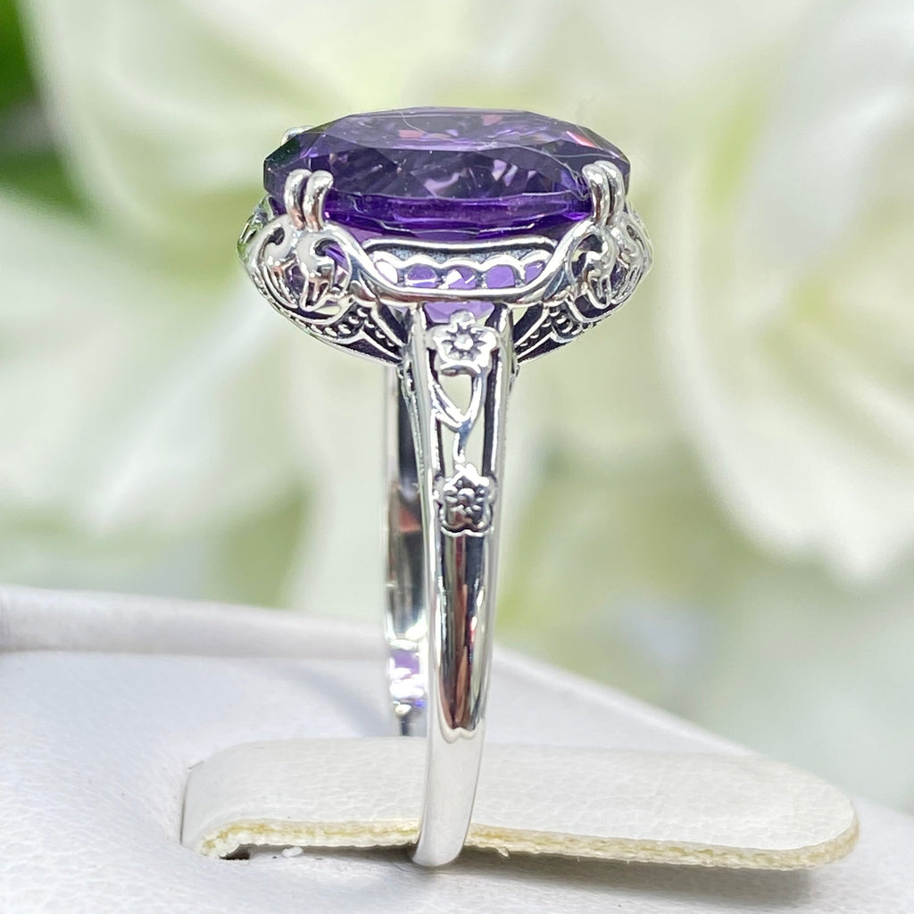 Natural Amethyst Ring, Edwardian Sterling silver filigree, Victorian Jewelry, Silver Embrace Jewelry, D70z