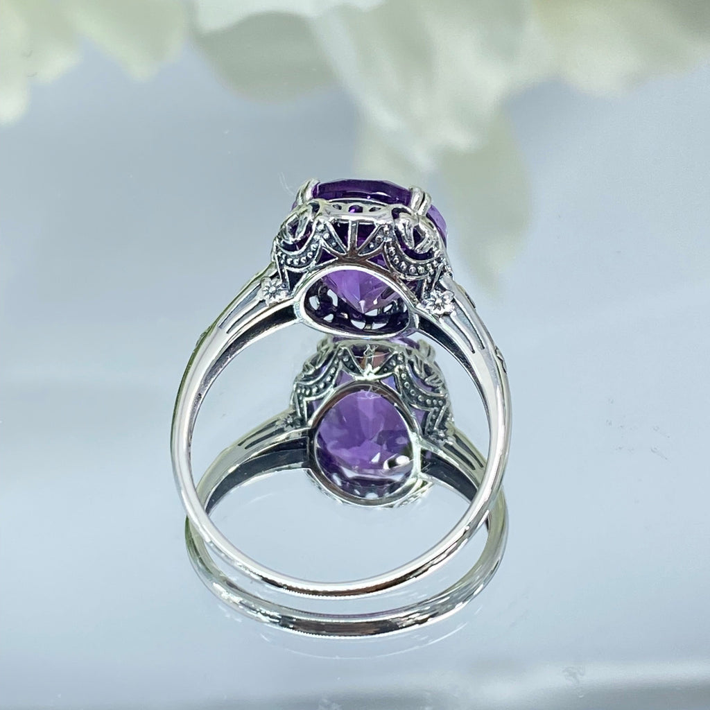 Natural Amethyst Ring, Edwardian Sterling silver filigree, Victorian Jewelry, Silver Embrace Jewelry, D70z