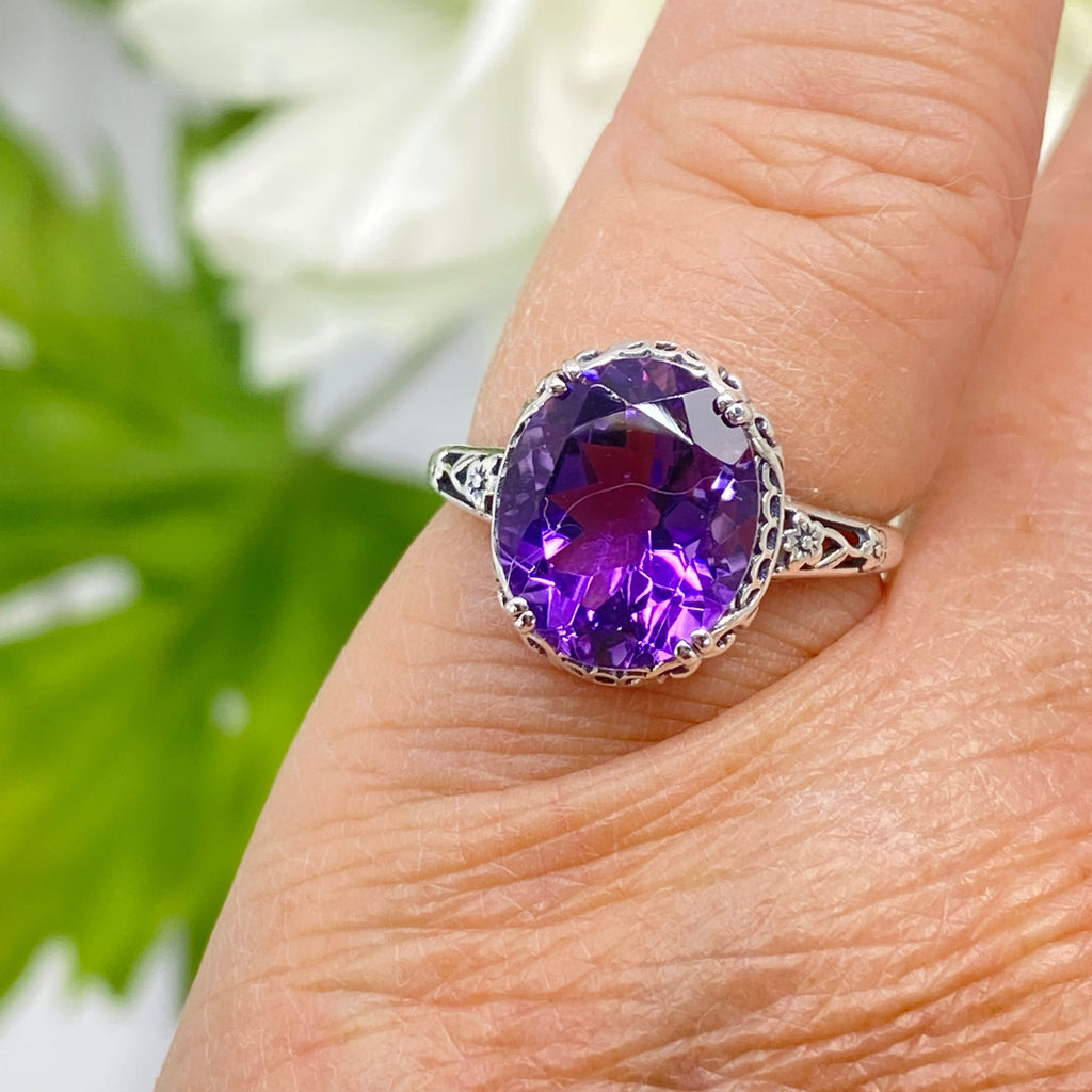 Natural Amethyst Ring, Edwardian Sterling silver filigree, Victorian Jewelry, Silver Embrace Jewelry, D70z