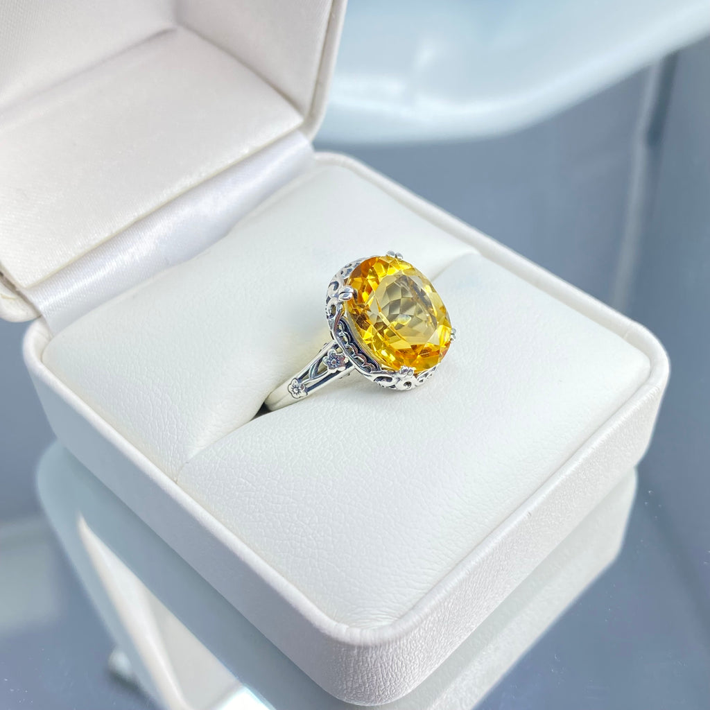 Natural Citrine Ring, Oval yellow citrine gemstone, sterling silver floral filigree, Edward Design #D70z, Silver Embrace Jewelry