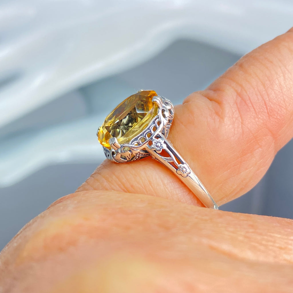 Natural Citrine Ring, Oval yellow citrine gemstone, sterling silver floral filigree, Edward Design #D70z, Silver Embrace Jewelry