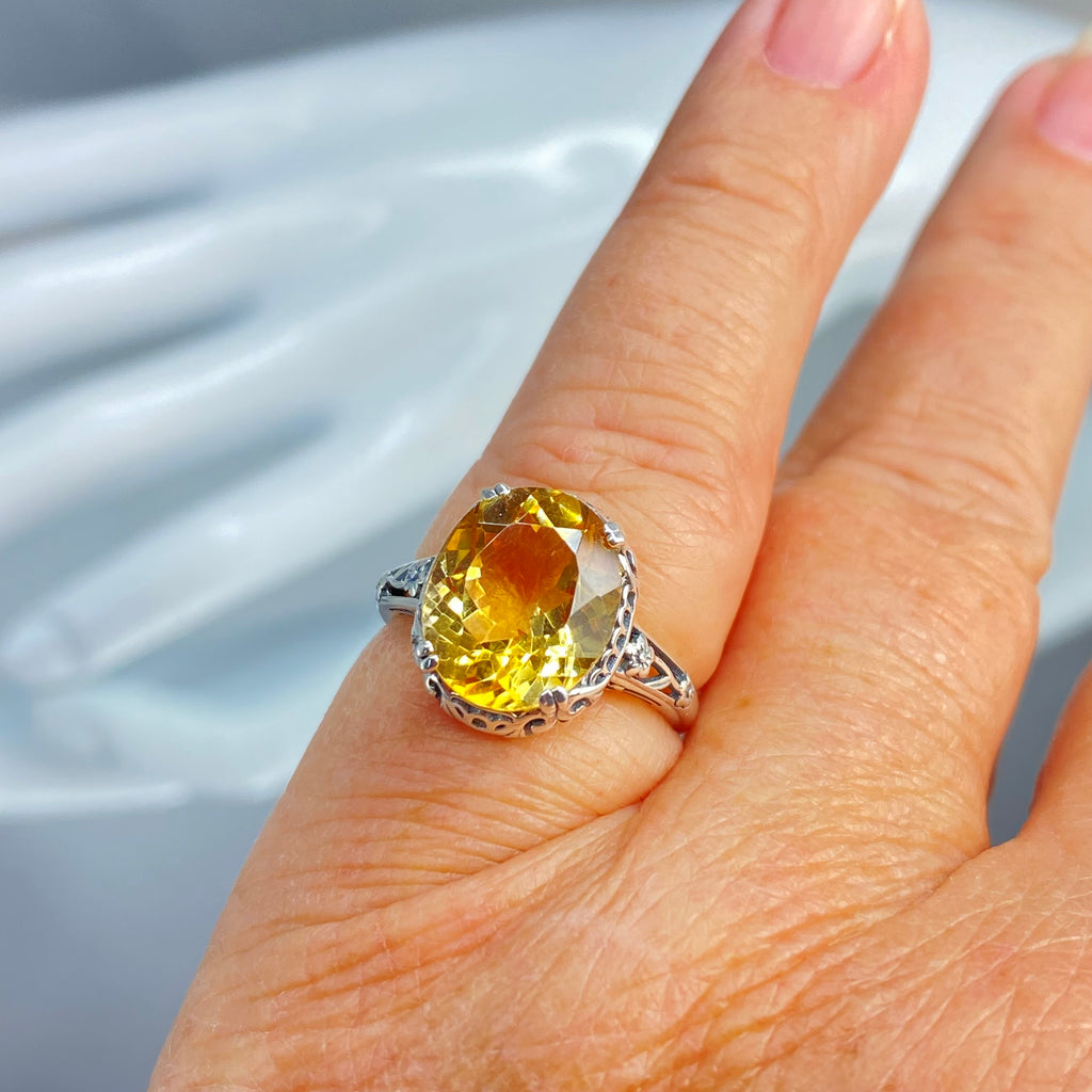 Natural Citrine Ring, Oval yellow citrine gemstone, sterling silver floral filigree, Edward Design #D70z, Silver Embrace Jewelry