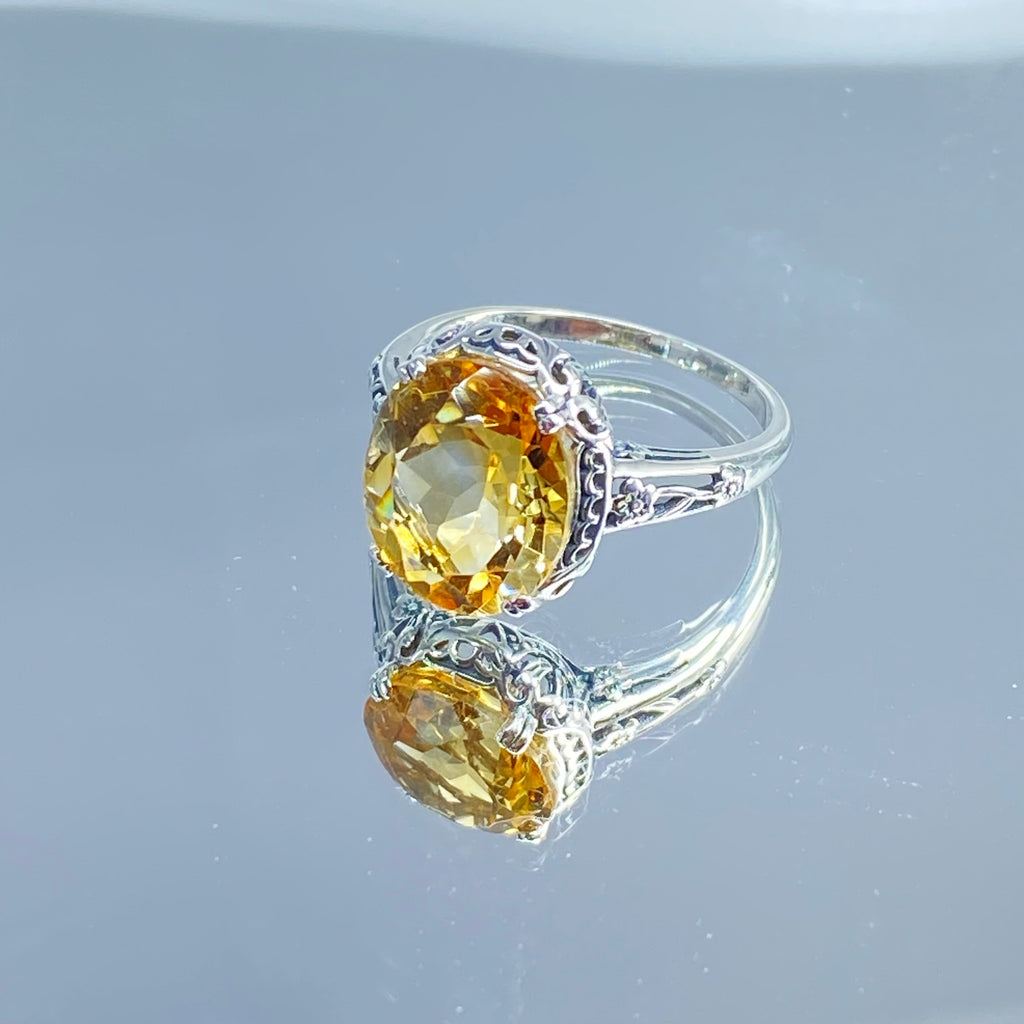 Natural Citrine Ring, Oval yellow citrine gemstone, sterling silver floral filigree, Edward Design #D70z, Silver Embrace Jewelry