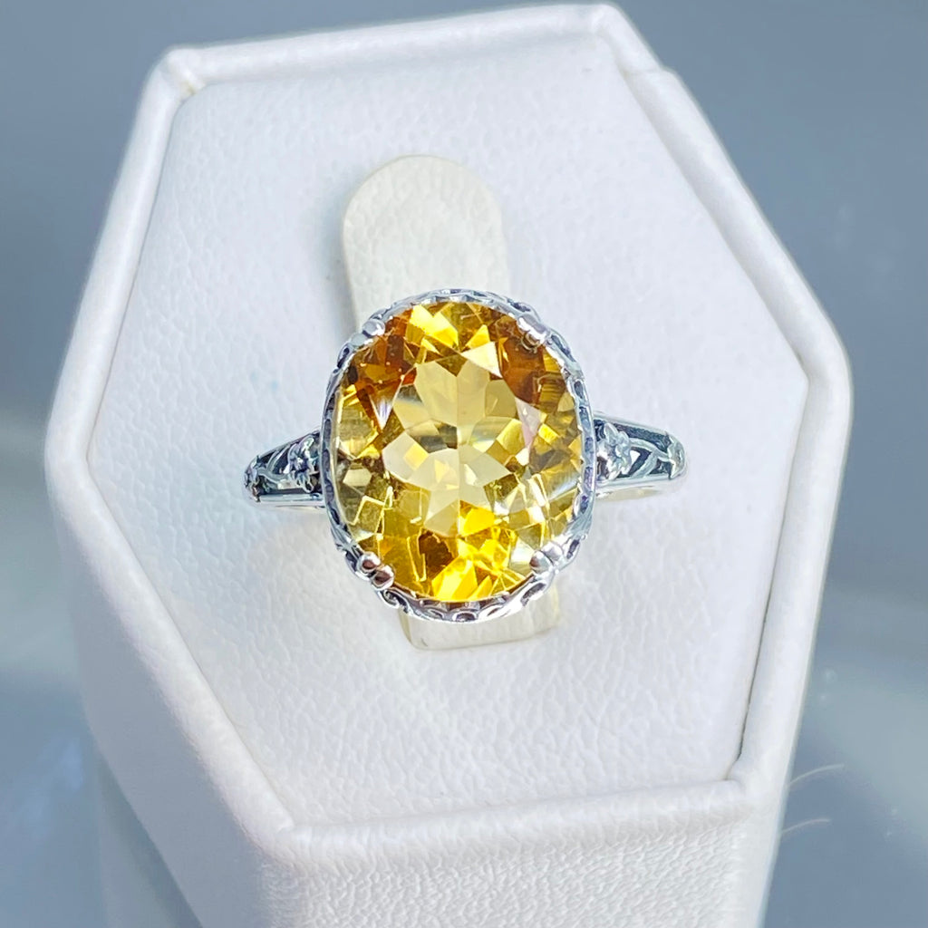 Natural Citrine Ring, Oval yellow citrine gemstone, sterling silver floral filigree, Edward Design #D70z, Silver Embrace Jewelry