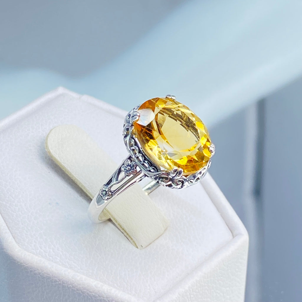 Natural Citrine Ring, Oval yellow citrine gemstone, sterling silver floral filigree, Edward Design #D70z, Silver Embrace Jewelry