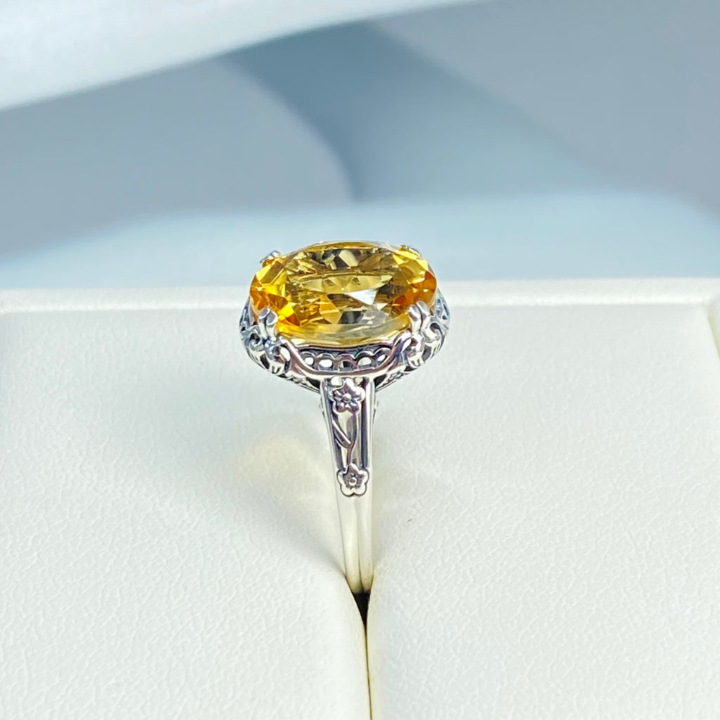 Natural Citrine Ring, Oval yellow citrine gemstone, sterling silver floral filigree, Edward Design #D70z, Silver Embrace Jewelry