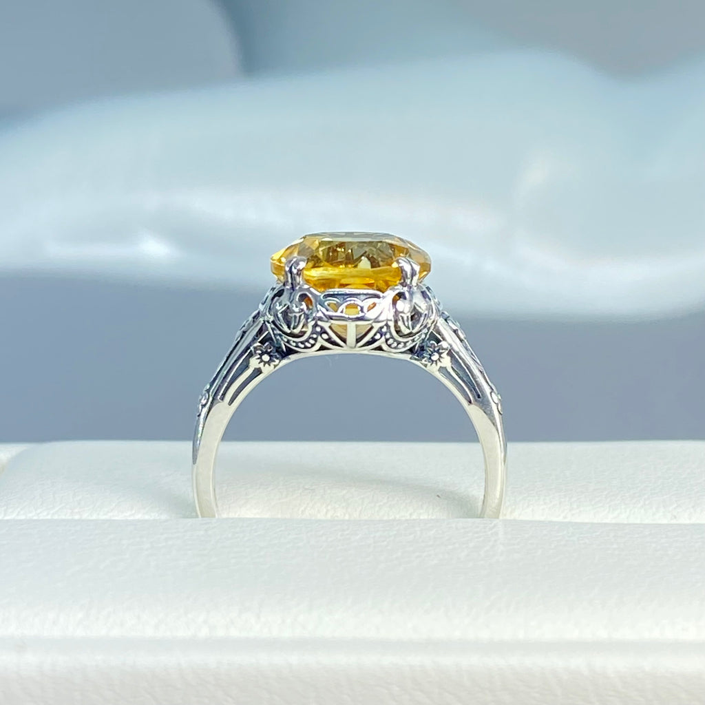 Natural Citrine Ring, Oval yellow citrine gemstone, sterling silver floral filigree, Edward Design #D70z, Silver Embrace Jewelry