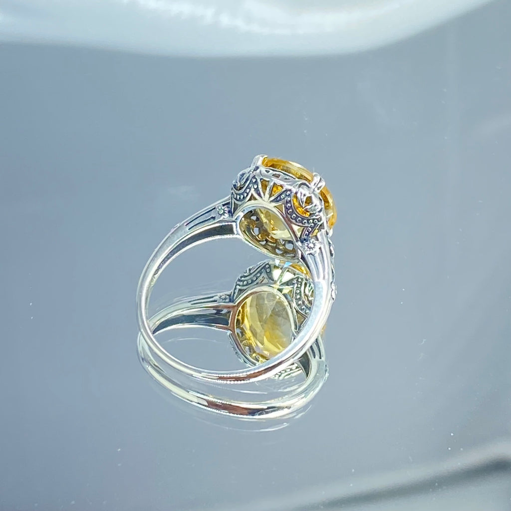 Natural Citrine Ring, Oval yellow citrine gemstone, sterling silver floral filigree, Edward Design #D70z, Silver Embrace Jewelry