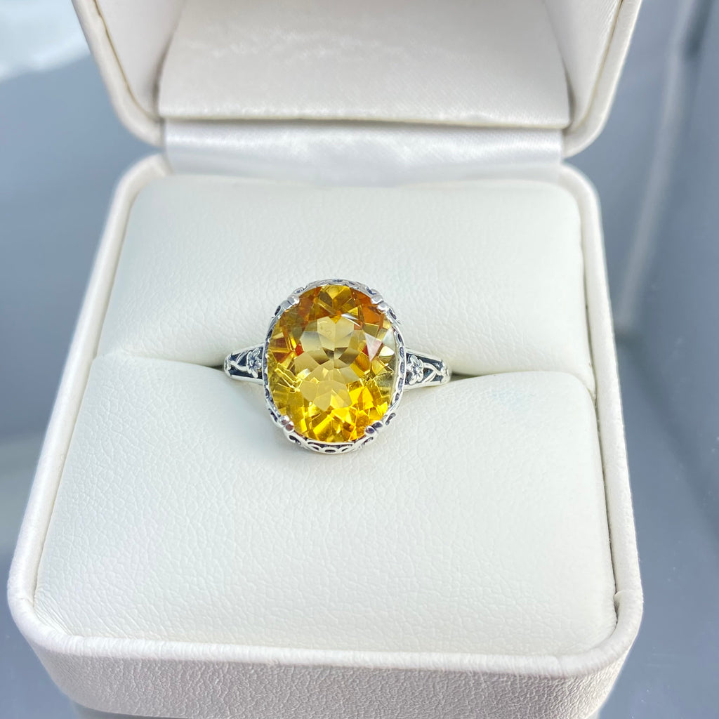 Natural Citrine Ring, Oval yellow citrine gemstone, sterling silver floral filigree, Edward Design #D70z, Silver Embrace Jewelry