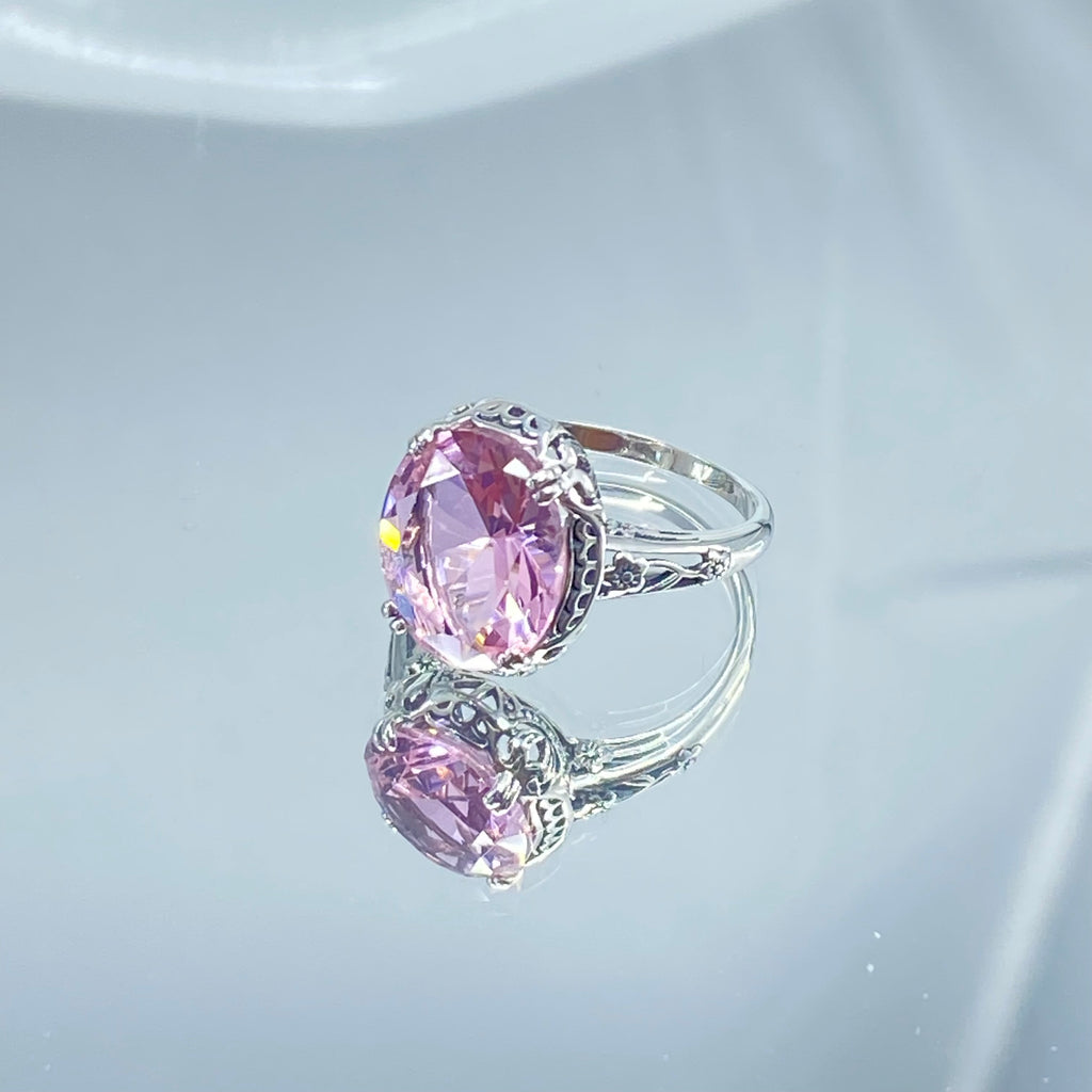 Ring with a large pink topaz gemstone on a mirror, Edward Design, sterling silver floral filigree, Silver Embrace Jewelry, D70z