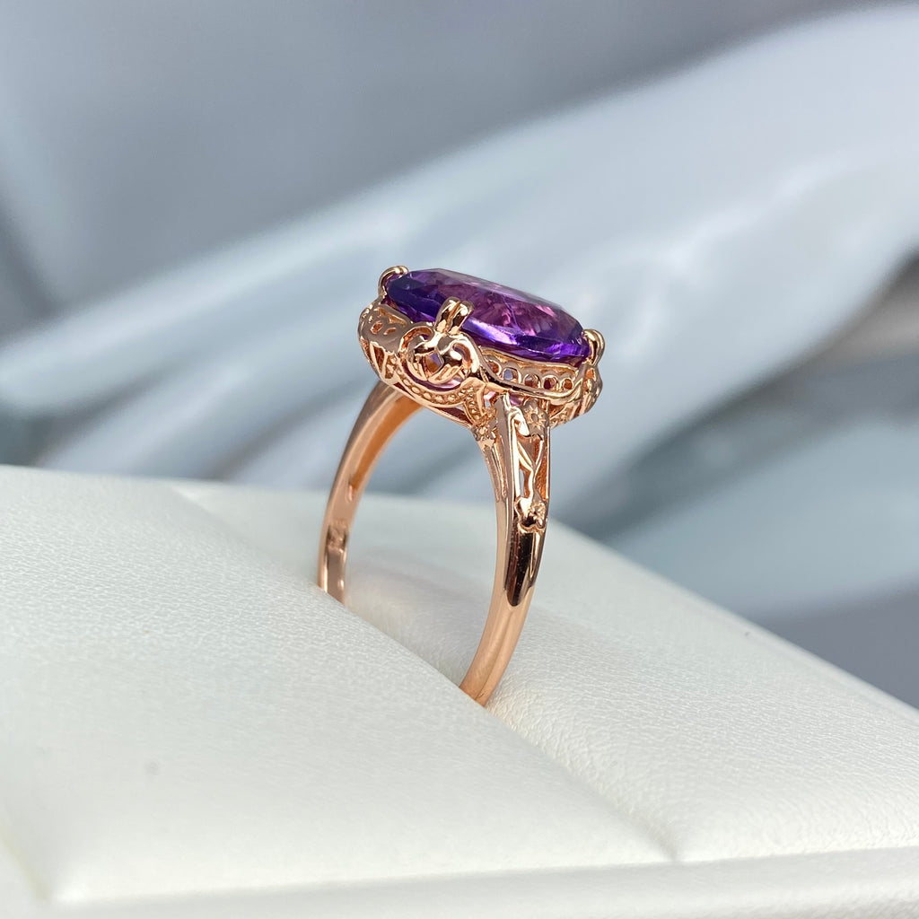 Natural Amethyst Ring, 3.3ct Natural oval Amethyst, Rose Gold over Sterling Silver floral Filigree, Edward design #D70z, Silver embrace jewelry