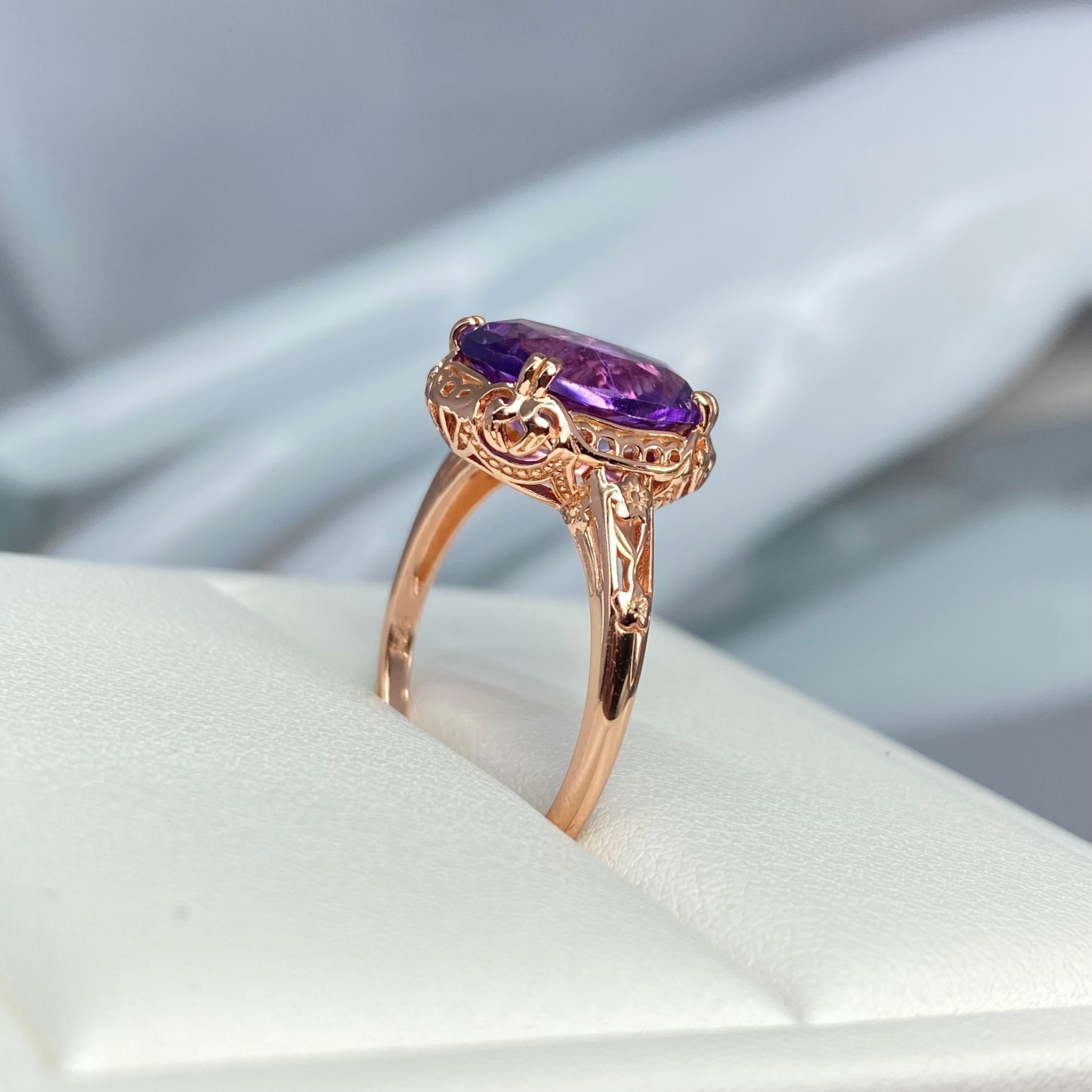 Outlet Vintage Art Deco Natural Amethyst Rose Gold Vermeil Ring