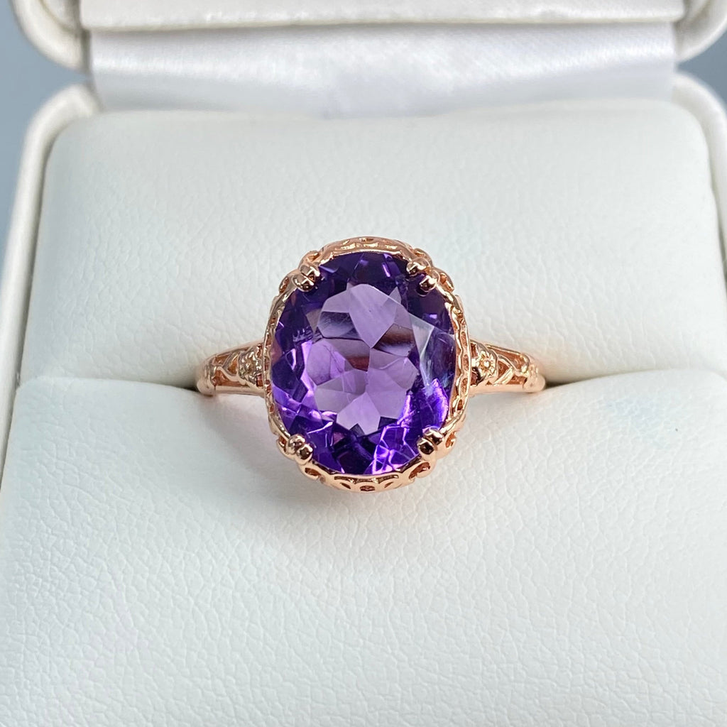 Natural Amethyst Ring, 3.3ct Natural oval Amethyst, Rose Gold over Sterling Silver floral Filigree, Edward design #D70z, Silver embrace jewelry