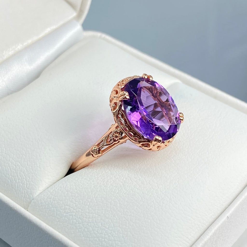 Natural Amethyst Ring, 3.3ct Natural oval Amethyst, Rose Gold over Sterling Silver floral Filigree, Edward design #D70z, Silver embrace jewelry