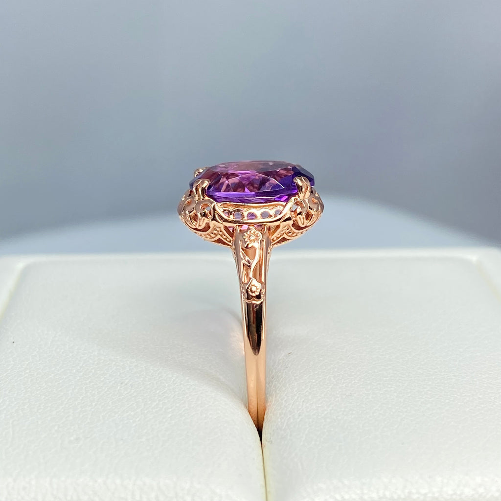 Natural Amethyst Ring, 3.3ct Natural oval Amethyst, Rose Gold over Sterling Silver floral Filigree, Edward design #D70z, Silver embrace jewelry