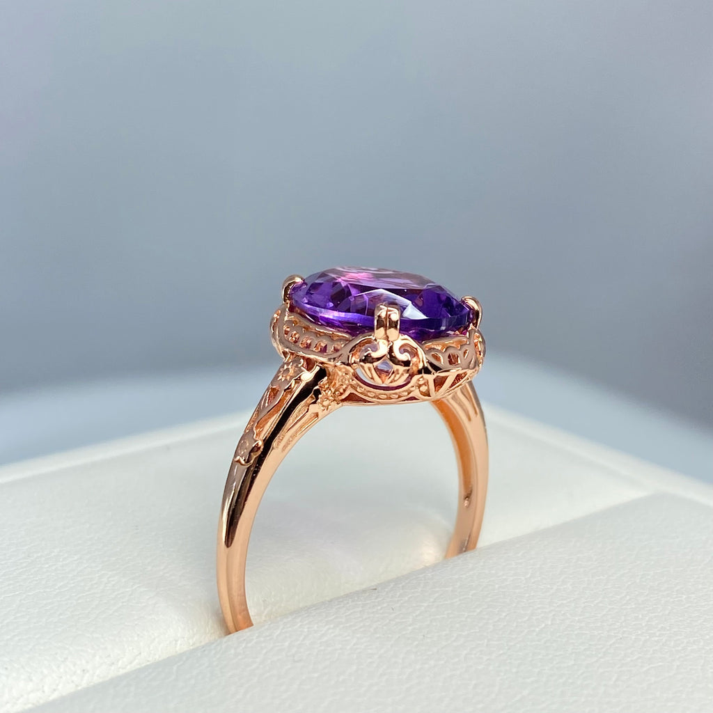 Natural Amethyst Ring, 3.3ct Natural oval Amethyst, Rose Gold over Sterling Silver floral Filigree, Edward design #D70z, Silver embrace jewelry