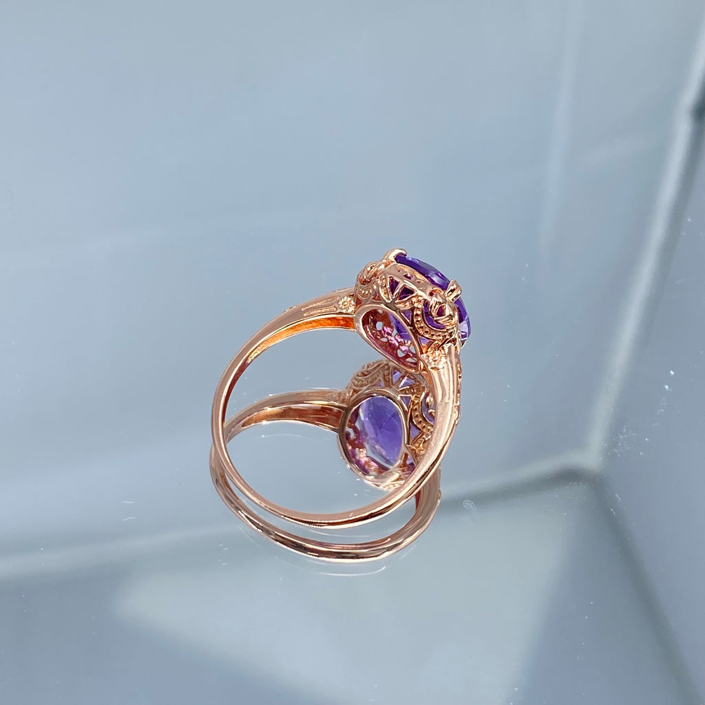 Natural Amethyst Ring, 3.3ct Natural oval Amethyst, Rose Gold over Sterling Silver floral Filigree, Edward design #D70z, Silver embrace jewelry