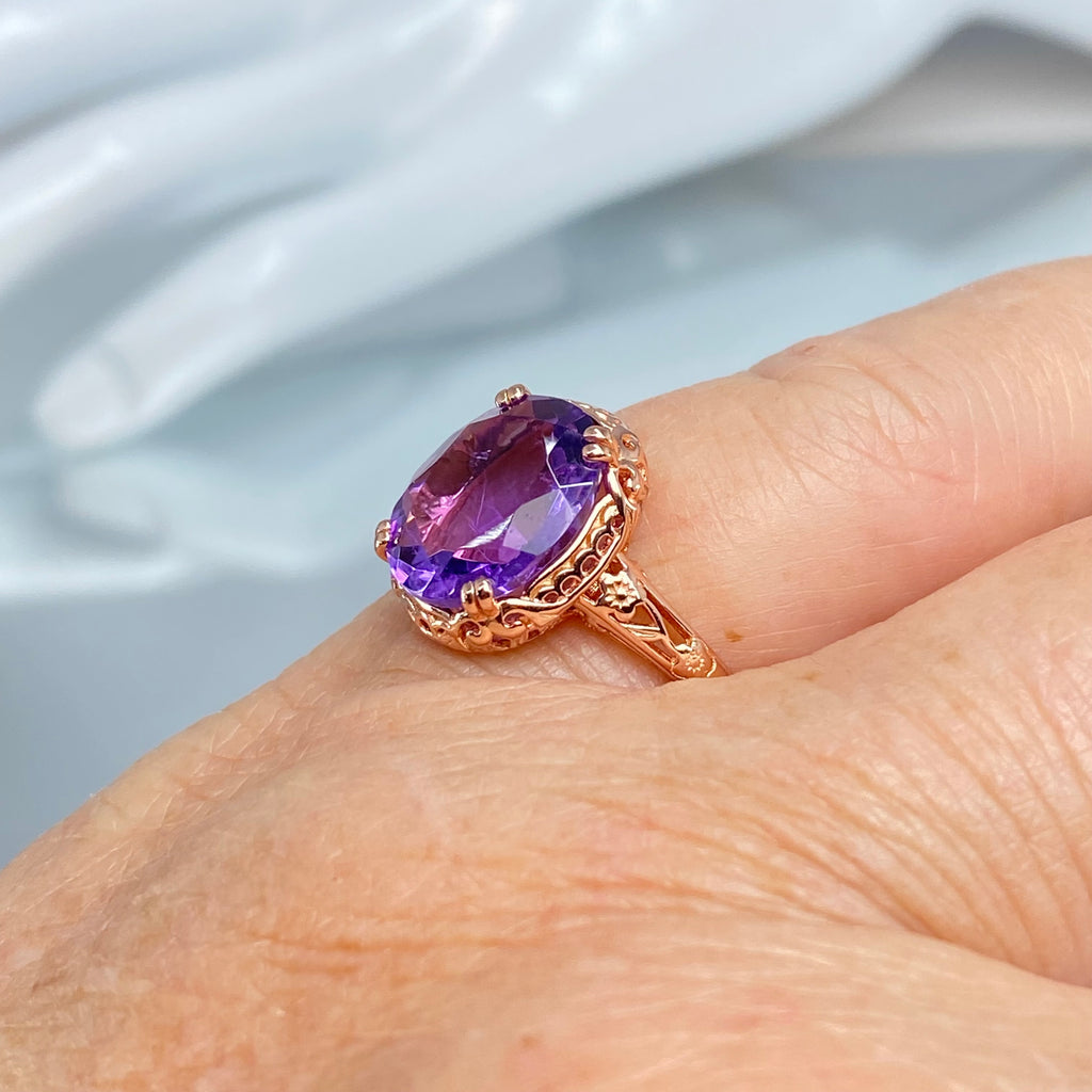 Natural Amethyst Ring, 3.3ct Natural oval Amethyst, Rose Gold over Sterling Silver floral Filigree, Edward design #D70z, Silver embrace jewelry