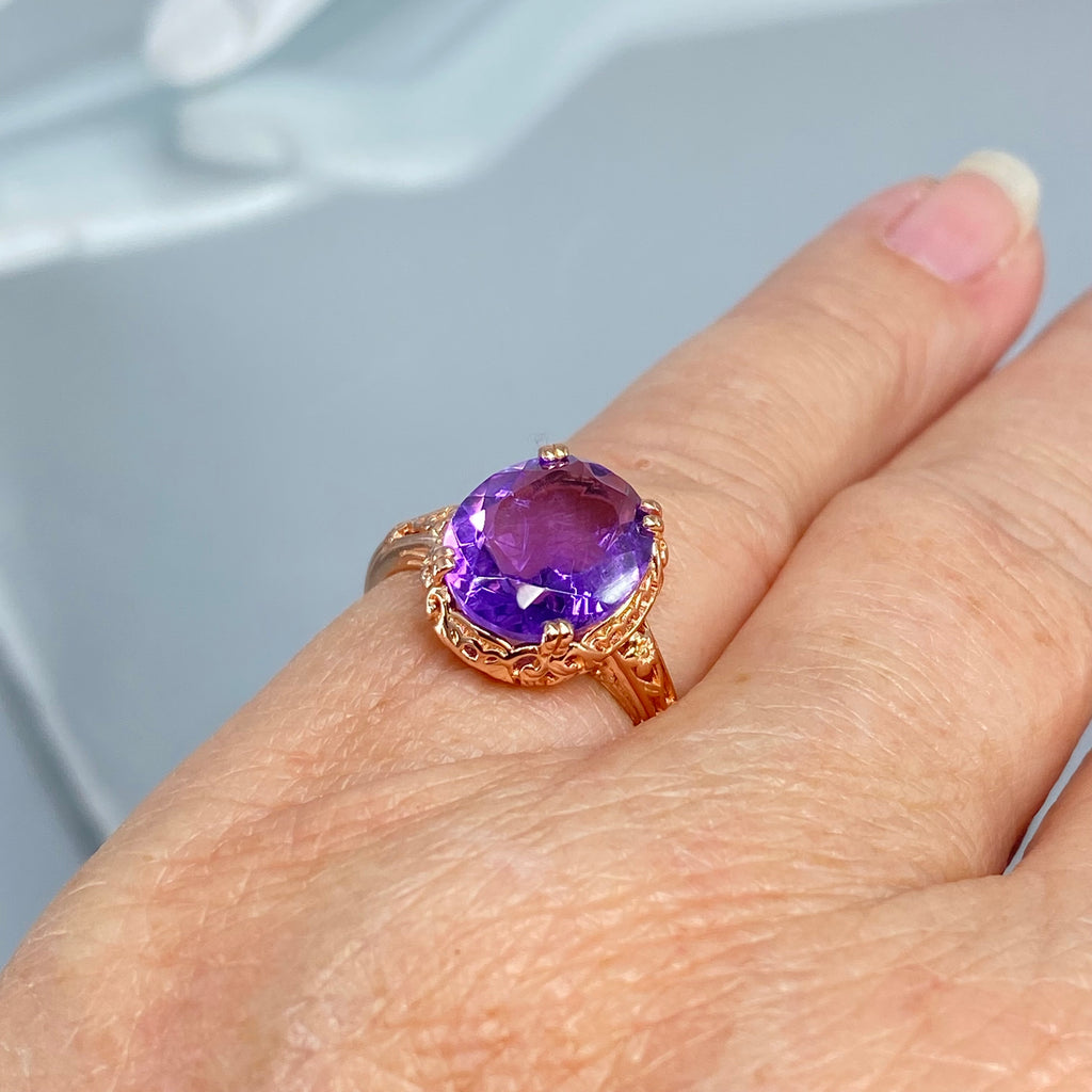 Natural Amethyst Ring, 3.3ct Natural oval Amethyst, Rose Gold over Sterling Silver floral Filigree, Edward design #D70z, Silver embrace jewelry