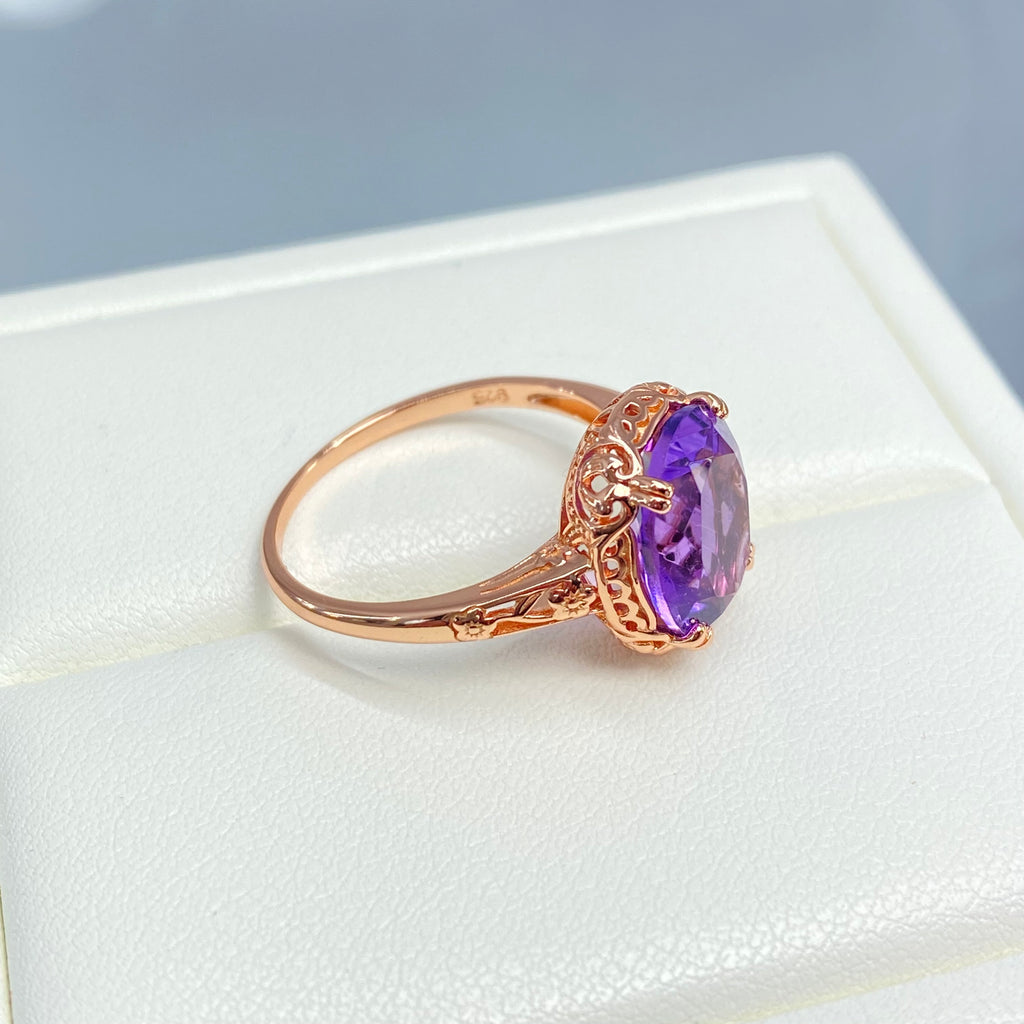 Natural Amethyst Ring, 3.3ct Natural oval Amethyst, Rose Gold over Sterling Silver floral Filigree, Edward design #D70z, Silver embrace jewelry