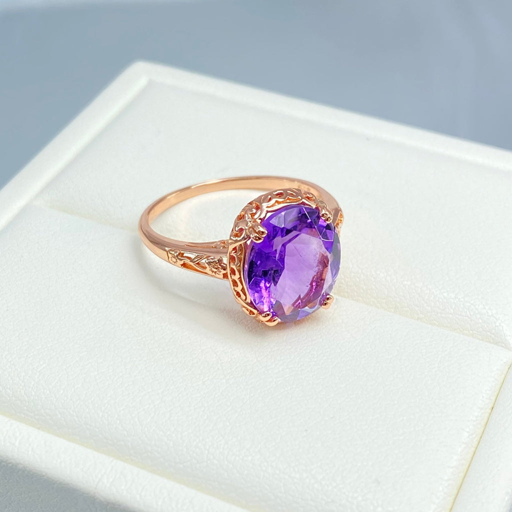 Natural Amethyst Ring, 3.3ct Natural oval Amethyst, Rose Gold over Sterling Silver floral Filigree, Edward design #D70z, Silver embrace jewelry