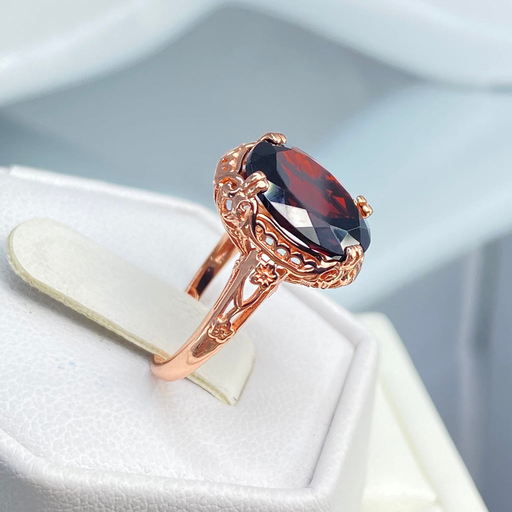 Natural Garnet Ring, Rose Gold over Sterling Silver, floral filigree setting and band, oval garnet stone, Edward design#70z, Silver Embrace Jewelry