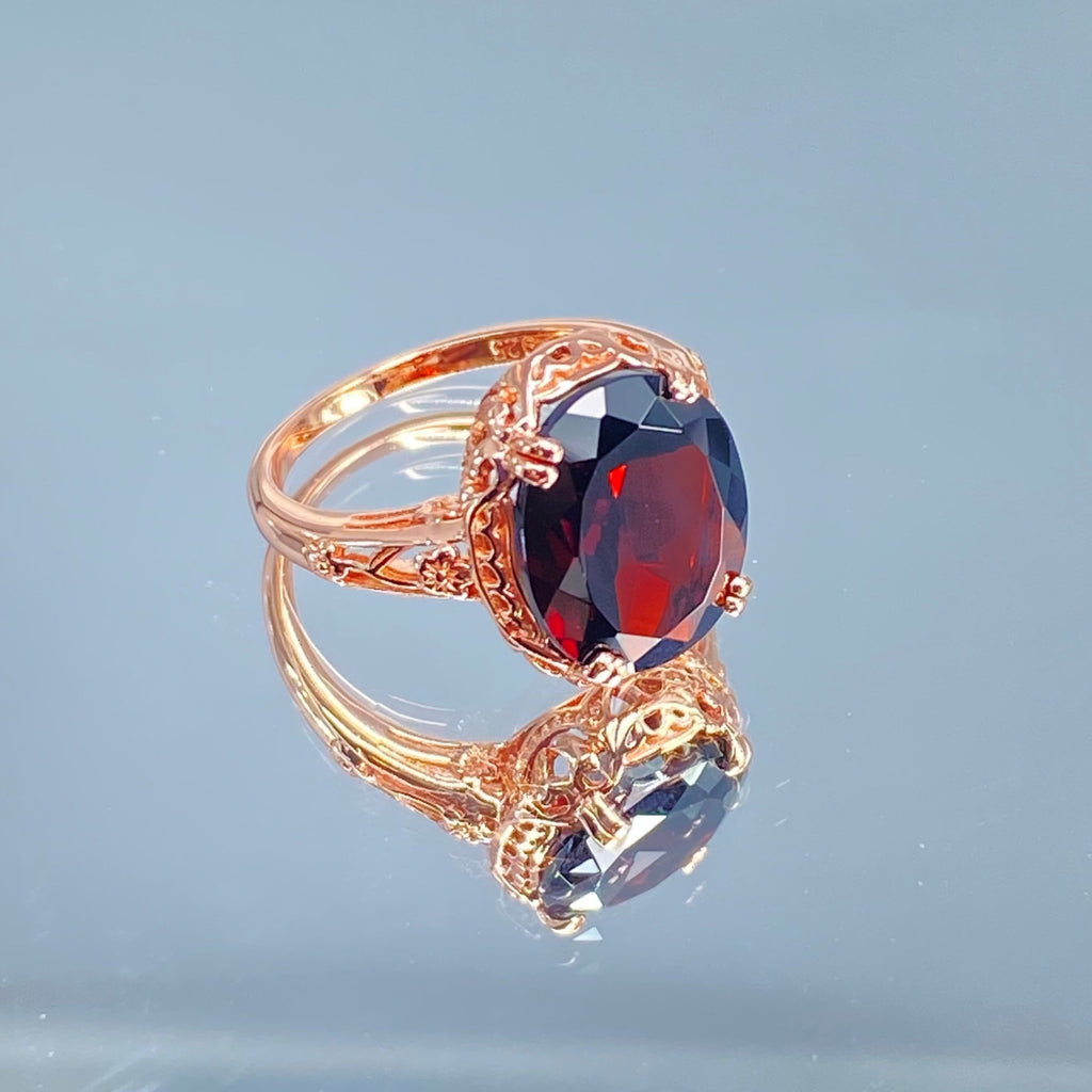 Natural Garnet Ring, Rose Gold over Sterling Silver, floral filigree setting and band, oval garnet stone, Edward design#70z, Silver Embrace Jewelry