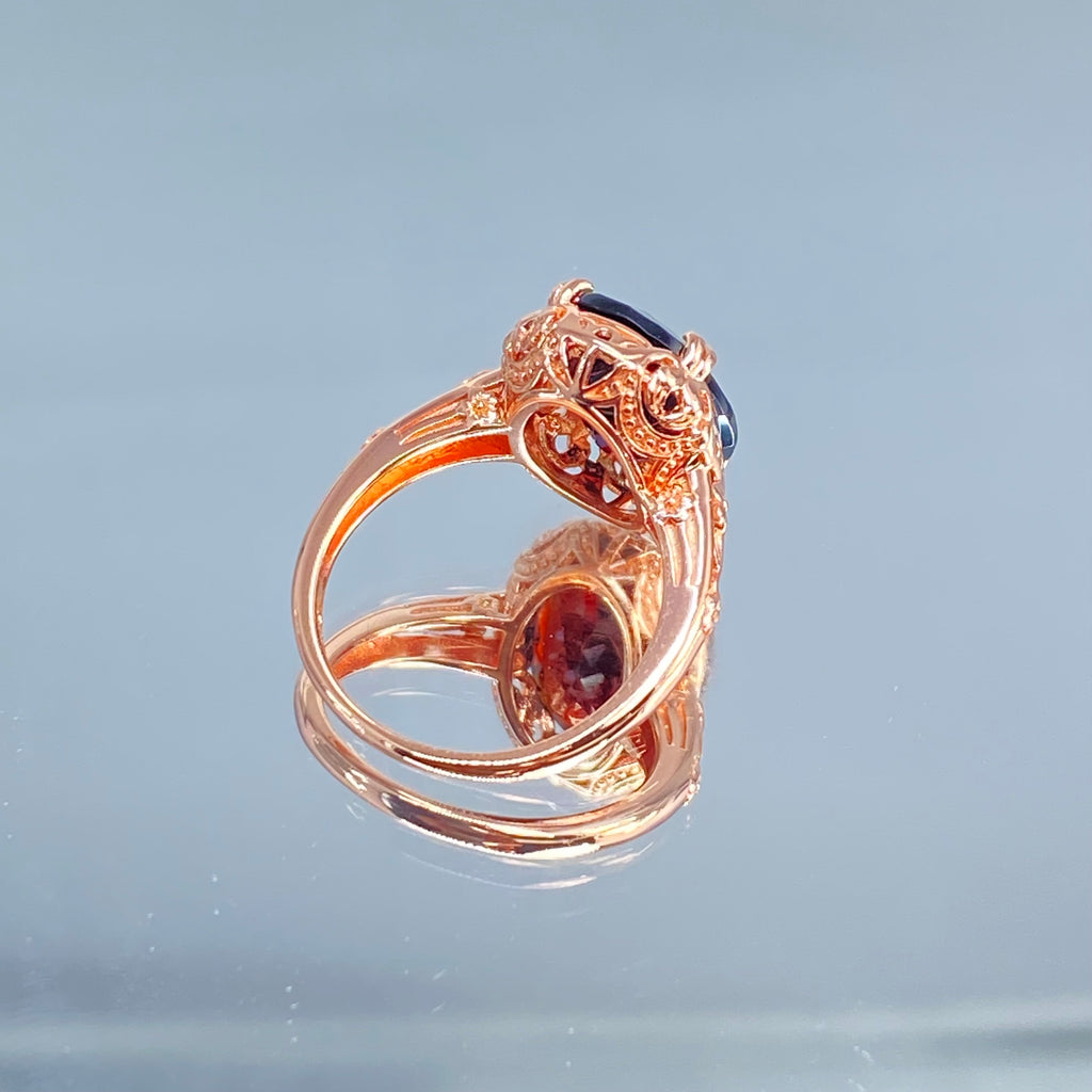 Natural Garnet Ring, Rose Gold over Sterling Silver, floral filigree setting and band, oval garnet stone, Edward design#70z, Silver Embrace Jewelry