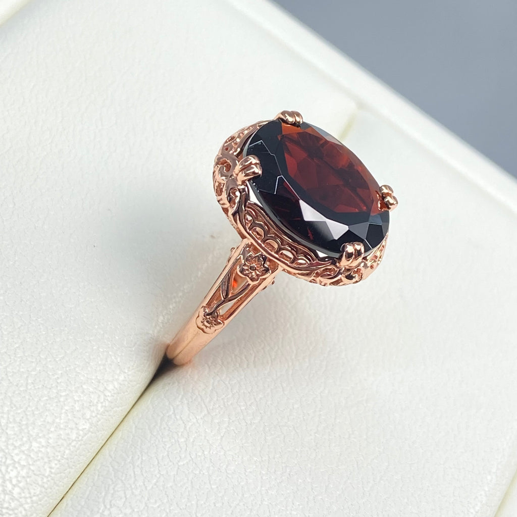 Natural Garnet Ring, Rose Gold over Sterling Silver, floral filigree setting and band, oval garnet stone, Edward design#70z, Silver Embrace Jewelry