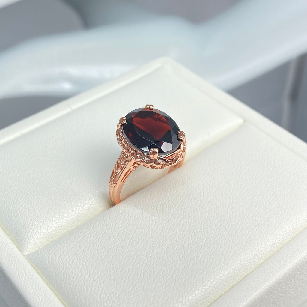 Natural Garnet Ring, Rose Gold over Sterling Silver, floral filigree setting and band, oval garnet stone, Edward design#70z, Silver Embrace Jewelry