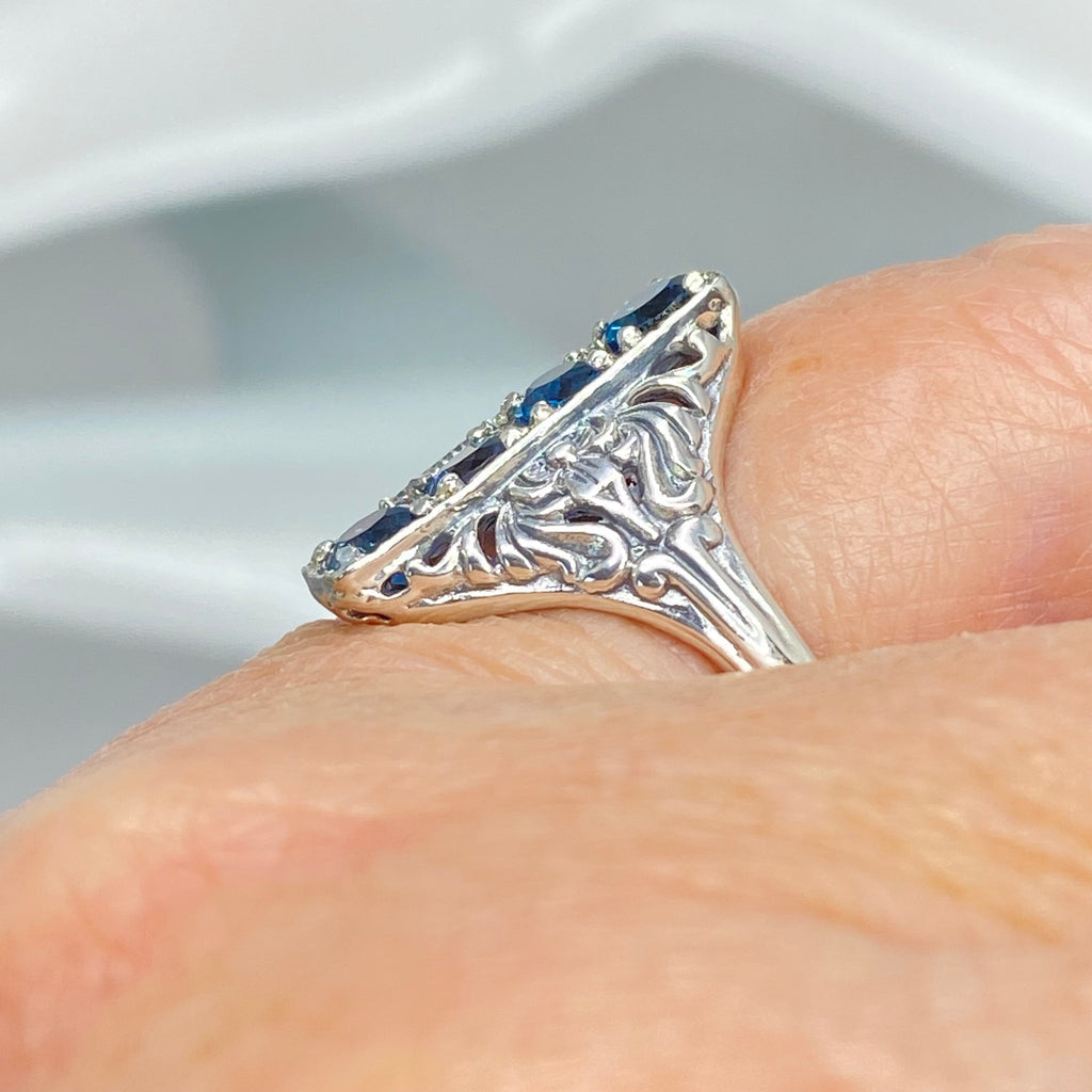 London Blue Topaz Ring, 4 gems, Victorian swirl filigree, sterling silver, Silver Embrace Jewelry, D72