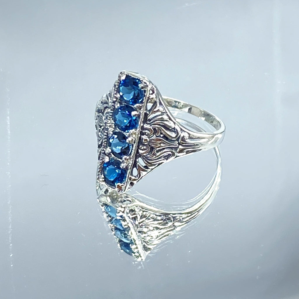 London Blue Topaz Ring, 4 gems, Victorian swirl filigree, sterling silver, Silver Embrace Jewelry, D72