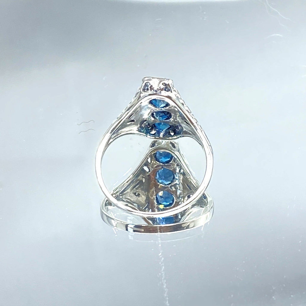 London Blue Topaz Ring, 4 gems, Victorian swirl filigree, sterling silver, Silver Embrace Jewelry, D72
