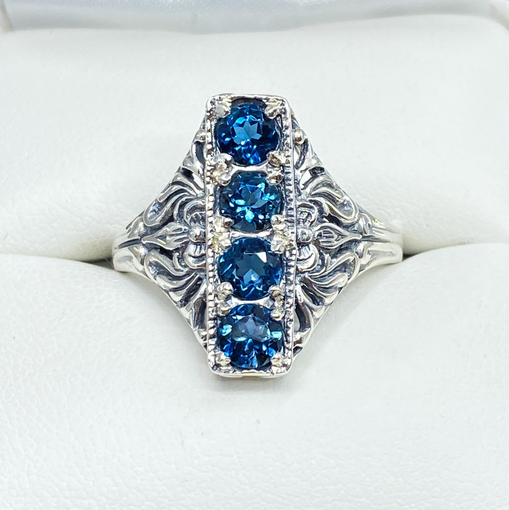 London Blue Topaz Ring, 4 gems, Victorian swirl filigree, sterling silver, Silver Embrace Jewelry, D72
