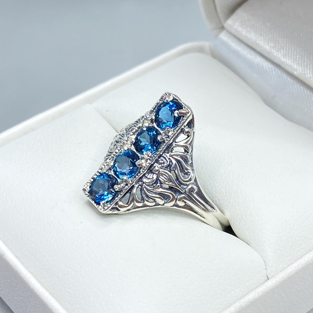 London Blue Topaz Ring, 4 gems, Victorian swirl filigree, sterling silver, Silver Embrace Jewelry, D72
