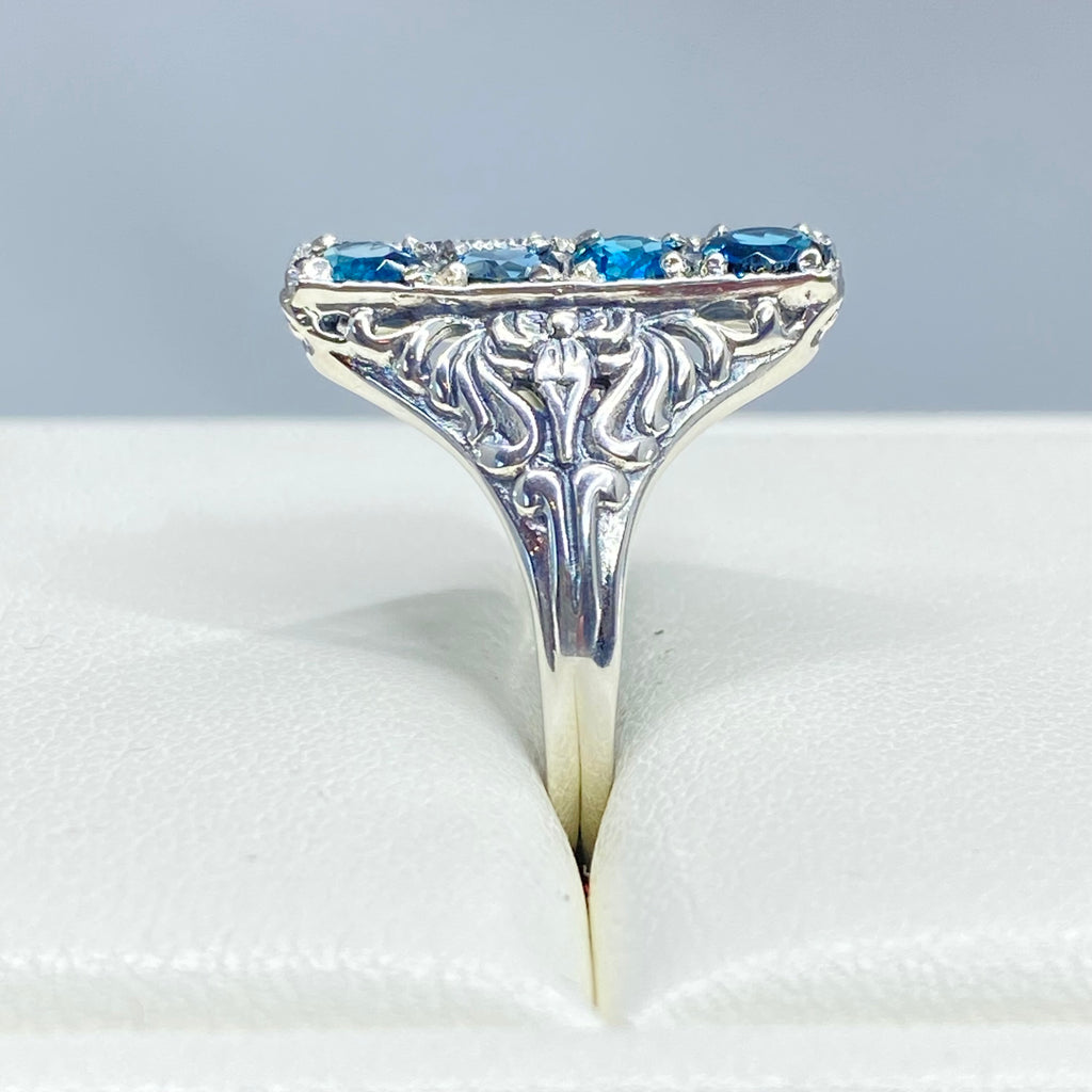 London Blue Topaz Ring, 4 gems, Victorian swirl filigree, sterling silver, Silver Embrace Jewelry, D72